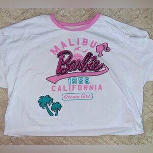 Women’s XL White & Pink Malibu Barbie T-Shirt - Short Sleeve Cropped Relaxed Fit